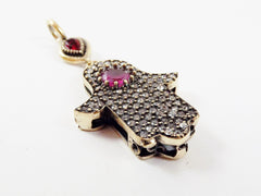 Hamsa Hand of Fatima Pendant Red Ruby Clear Crystal Accents - Antique Bronze - 1PC