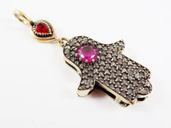 Hamsa Hand of Fatima Pendant Red Ruby Clear Crystal Accents - Antique Bronze - 1PC