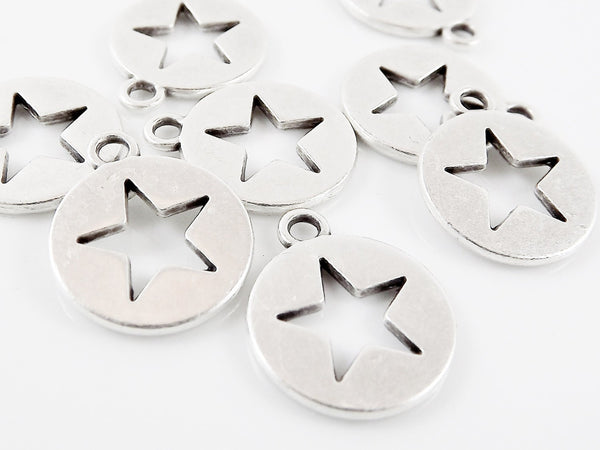 8 Round Cut Out Star Charms - Matte Silver Plated