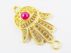 Hand of Fatima Connector with Hot Pink Pearl Glass Accent - 22k Matte Gold Plated - 1PC