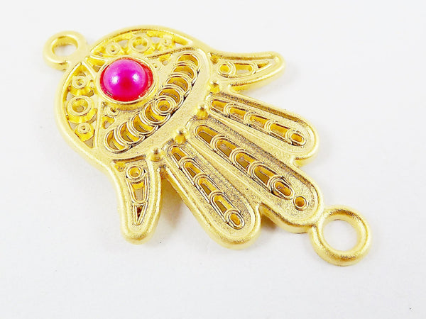 Hand of Fatima Connector with Hot Pink Pearl Glass Accent - 22k Matte Gold Plated - 1PC