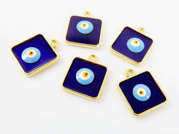 12mm Square Evil Eye Charms, Turkish Evil Eye, Blue Evil Eye, Blue Eye, Greek Eye, Lucky Charm, Gold Evil Eye - 22k Matte Gold Plated