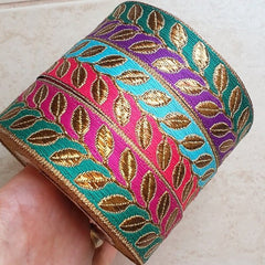 Pink Pale Blue Metallic Bronze Leaf Vine Woven Embroidered Jacquard Trim Ribbon - 1 Meter  or 3.3 Feet or 1.09 Yards