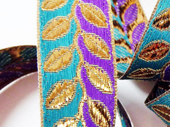 Royal Purple Teal Metallic Bronze Leaf Vine Woven Embroidered Jacquard Trim Ribbon - 1 Meter  or 3.3 Feet or 1.09 Yards