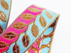 Pink Pale Blue Metallic Bronze Leaf Vine Woven Embroidered Jacquard Trim Ribbon - 1 Meter  or 3.3 Feet or 1.09 Yards