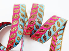 Pink Pale Blue Metallic Bronze Leaf Vine Woven Embroidered Jacquard Trim Ribbon - 1 Meter  or 3.3 Feet or 1.09 Yards