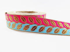 Pink Pale Blue Metallic Bronze Leaf Vine Woven Embroidered Jacquard Trim Ribbon - 1 Meter  or 3.3 Feet or 1.09 Yards