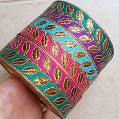Bordeaux Red Mustard Yellow Metallic Bronze Leaf Vine Woven Embroidered Jacquard Trim Ribbon - 1 Meter  or 3.3 Feet or 1.09 Yards