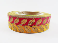 Bordeaux Red Mustard Yellow Metallic Bronze Leaf Vine Woven Embroidered Jacquard Trim Ribbon - 1 Meter  or 3.3 Feet or 1.09 Yards