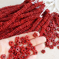 15 Deep Red Mini Flower Artisan Handmade Glass Beads - 10x3mm