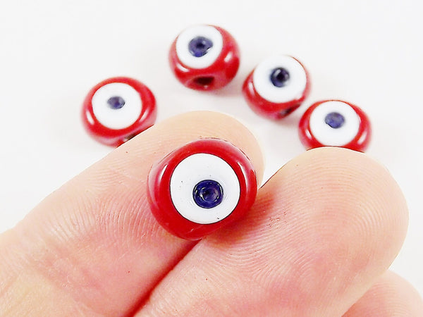 5 Mini Artisan Handmade Red Glass Evil Eye Nazar Medium Bead - 9 x 7mm