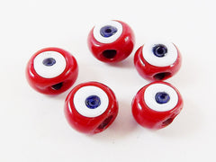 5 Mini Artisan Handmade Red Glass Evil Eye Nazar Medium Bead - 9 x 7mm