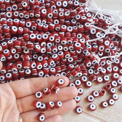 5 Mini Artisan Handmade Red Glass Evil Eye Nazar Medium Bead - 9 x 7mm