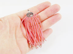 Long Salmon Pink Tassel, Seed Beaded Tassel Jewelry Ethnic Boho Jewelry Making Supplies Handmade - Matte Silver Plated Brass - 1PC