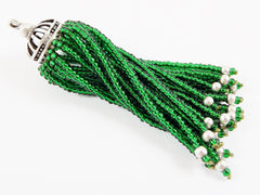 Long Emerald Green Beaded Tassel - Matte Silver Plated Brass - 1PC