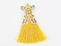 Sunshine Yellow Silk Thread Turkish Caftan Tassel Pendant - Matte Silver Plated - 1PC