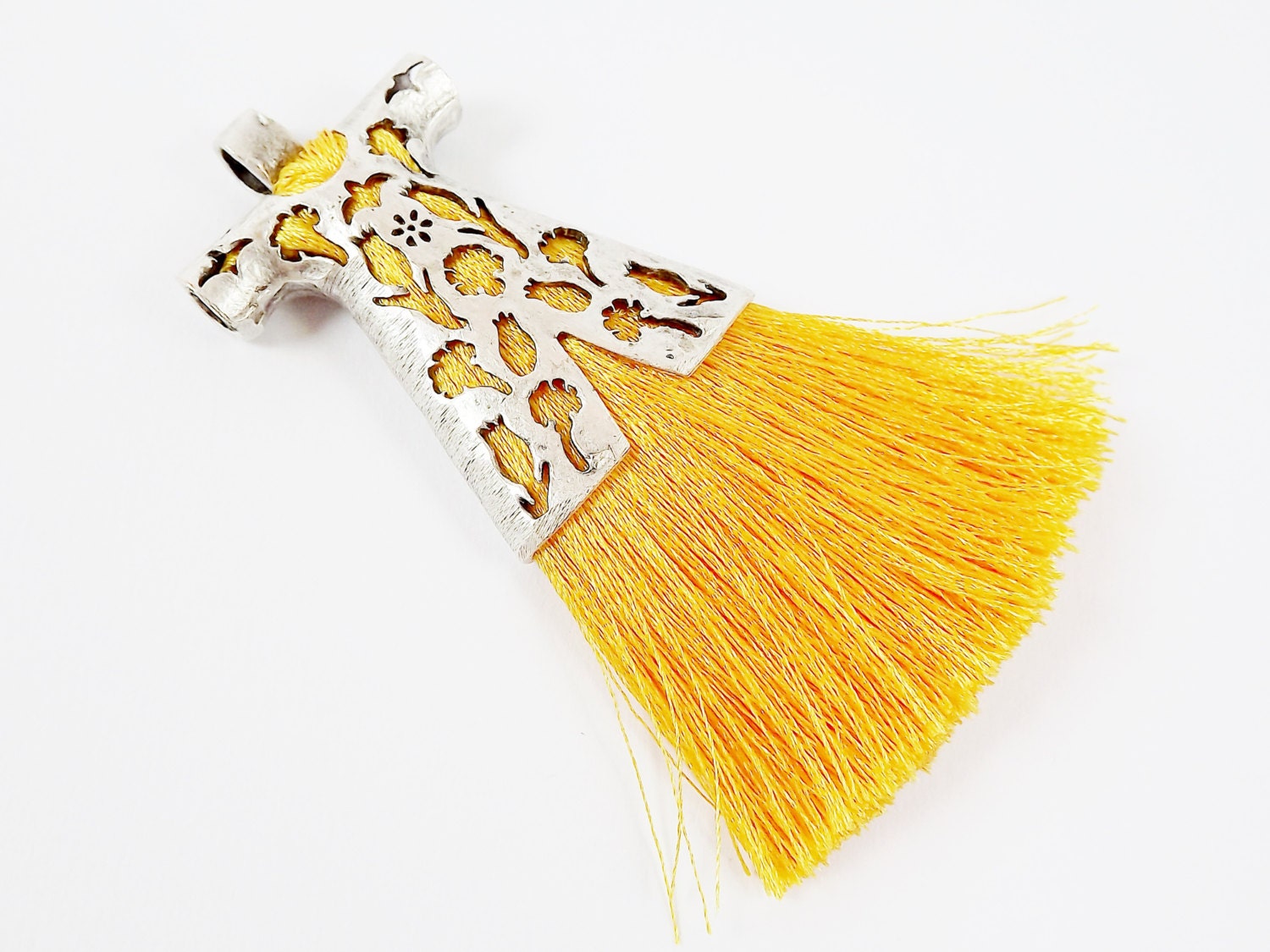 Sunshine Yellow Silk Thread Turkish Caftan Tassel Pendant - Matte Silver Plated - 1PC