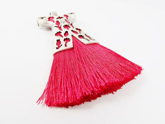 Raspberry Red  Silk Thread Turkish Caftan Tassel Pendant - Matte Silver Plated - 1PC