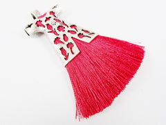 Raspberry Red  Silk Thread Turkish Caftan Tassel Pendant - Matte Silver Plated - 1PC