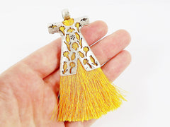 Sunshine Yellow Silk Thread Turkish Caftan Tassel Pendant - Matte Silver Plated - 1PC