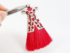 Raspberry Red  Silk Thread Turkish Caftan Tassel Pendant - Matte Silver Plated - 1PC