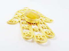 Extra Large Hamsa Hand of Fatima Pendant Yellow Teardrop Jade - 22k Matte Gold Plated - 1PC