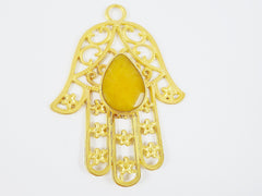 Extra Large Hamsa Hand of Fatima Pendant Yellow Teardrop Jade - 22k Matte Gold Plated - 1PC