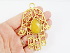 Extra Large Hamsa Hand of Fatima Pendant Yellow Teardrop Jade - 22k Matte Gold Plated - 1PC