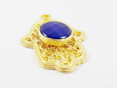 Curly Filigree Hamsa Hand of Fatima Pendant Royal Blue Jade- 22k Matte Gold Plated - 1PC