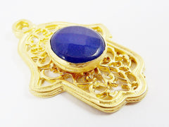 Curly Filigree Hamsa Hand of Fatima Pendant Royal Blue Jade- 22k Matte Gold Plated - 1PC