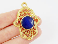 Curly Filigree Hamsa Hand of Fatima Pendant Royal Blue Jade- 22k Matte Gold Plated - 1PC