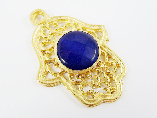 Curly Filigree Hamsa Hand of Fatima Pendant Royal Blue Jade- 22k Matte Gold Plated - 1PC