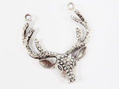 Large Deer Head Antler Horn Necklace Pendant, Focal Connector, Buck Stag, Matte Antique Silver Plated - 1PC