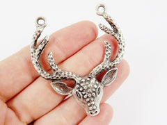 Large Deer Head Antler Horn Necklace Pendant, Focal Connector, Buck Stag, Matte Antique Silver Plated - 1PC