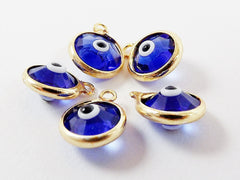 5 Translucent Deep Blue Evil Eye Nazar Crystal Charms - Gold Plated Brass Bezel