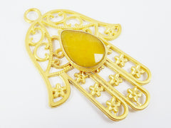 Extra Large Hamsa Hand of Fatima Pendant Yellow Teardrop Jade - 22k Matte Gold Plated - 1PC