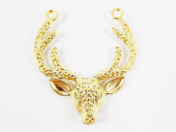 Large Deer Head Antler Horn Necklace Pendant, Focal Connector, Buck Stag, 22k Matte Gold Plated, 1PC