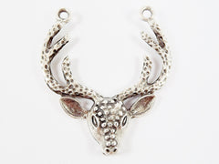 Large Deer Head Antler Horn Necklace Pendant, Focal Connector, Buck Stag, Matte Antique Silver Plated - 1PC