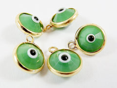 5 Opaque Green Evil Eye Nazar Crystal Charms - Gold Plated Brass Bezel