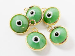 5 Opaque Green Evil Eye Nazar Crystal Charms - Gold Plated Brass Bezel