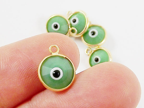 5 Opaque Green Evil Eye Nazar Crystal Charms - Gold Plated Brass Bezel