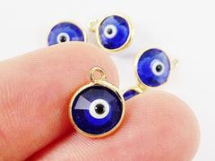 5 Translucent Deep Blue Evil Eye Nazar Crystal Charms - Gold Plated Brass Bezel