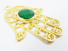 Extra Large Hamsa Hand of Fatima Pendant Green Jade - 22k Matte Gold Plated - 1PC