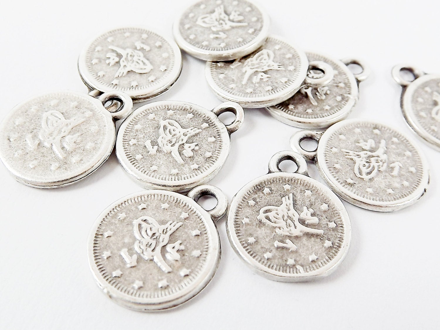 10 Large Round Chunky Coin Charms - Matte Silver Plated