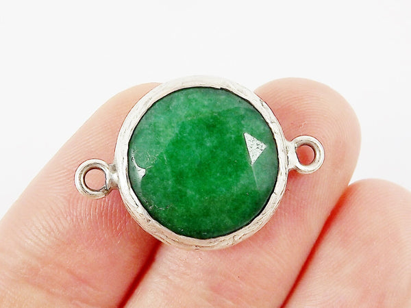 16mm Emerald Green Faceted Jade Connector - Matte Antique Silver Plated Bezel - 1pc