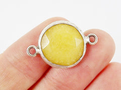 16mm Yellow Faceted Jade Connector - Matte Antique Silver Plated Bezel - 1pc