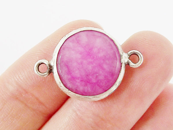 16mm Pink Faceted Jade Connector - Matte Antique Silver Plated Bezel - 1pc