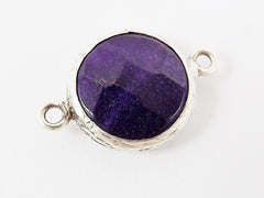 16mm Deep Purple Faceted Jade Connector - Matte Antique Silver Plated Bezel - 1pc