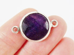 16mm Deep Purple Faceted Jade Connector - Matte Antique Silver Plated Bezel - 1pc