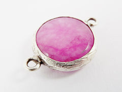 16mm Pink Faceted Jade Connector - Matte Antique Silver Plated Bezel - 1pc